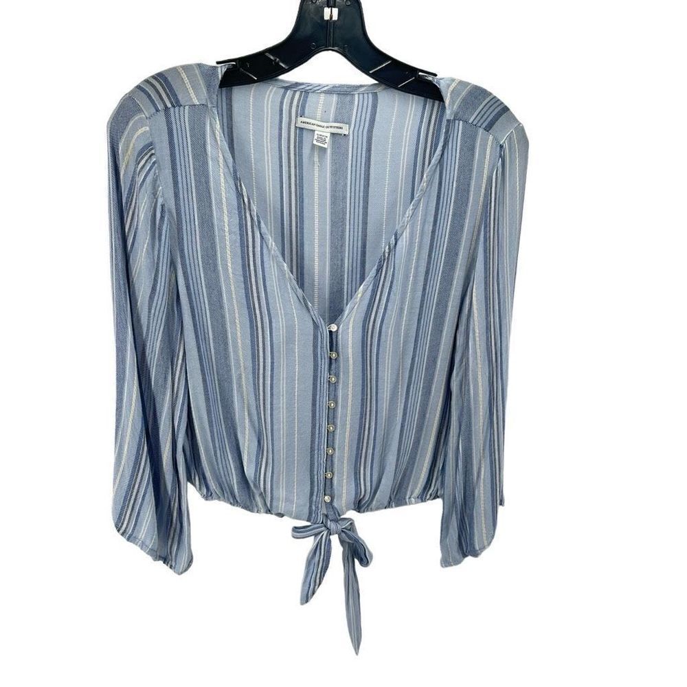 American Eagle Outfitters Womens Crop Top  shirt Striped V Neck Button Size Smal